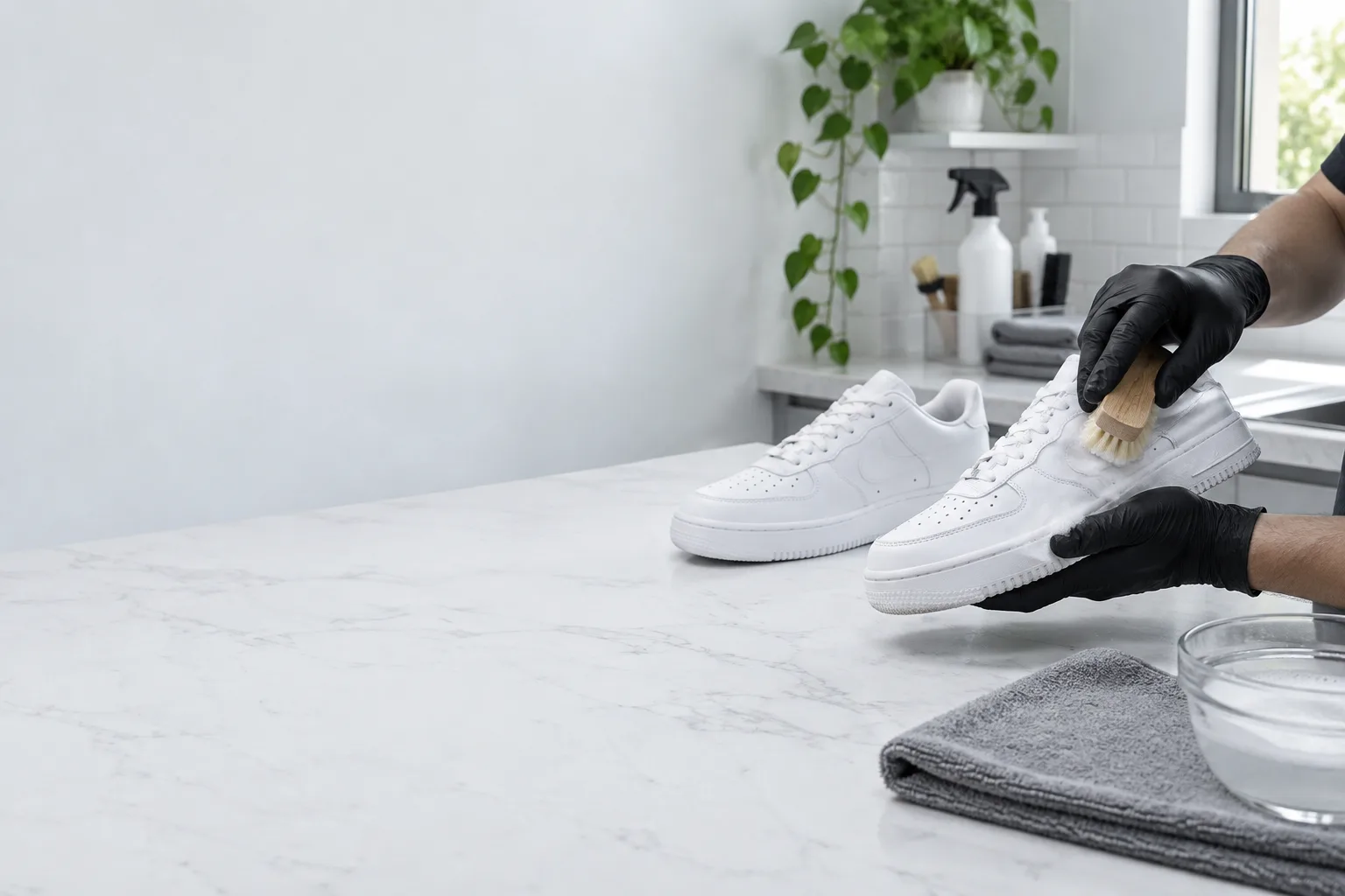 Limpieza cuidadosa de un par de tenis blancos